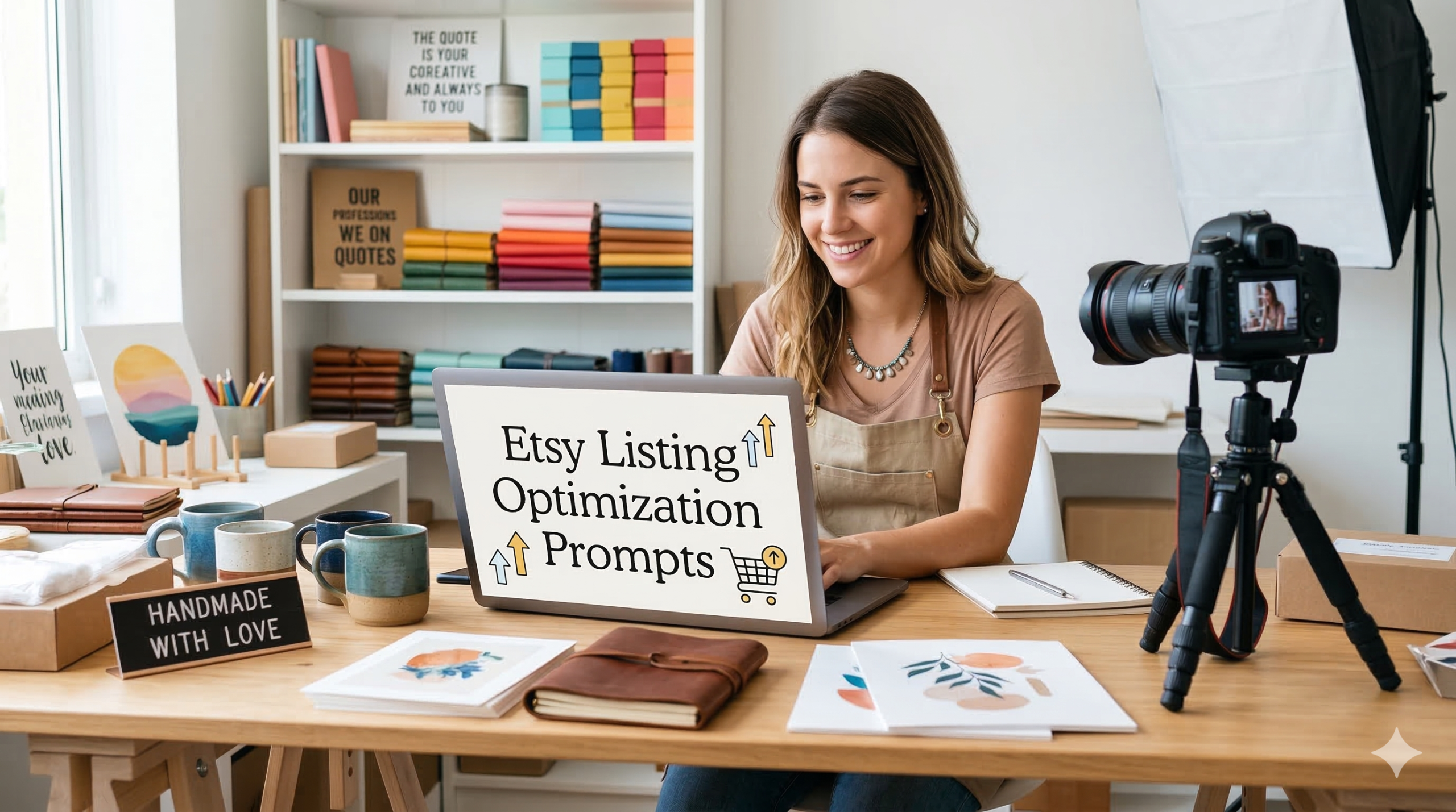 A vibrant, creative workspace of an Etsy seller using a laptop and camera, visualizing Etsy listing optimization prompts for growth.
