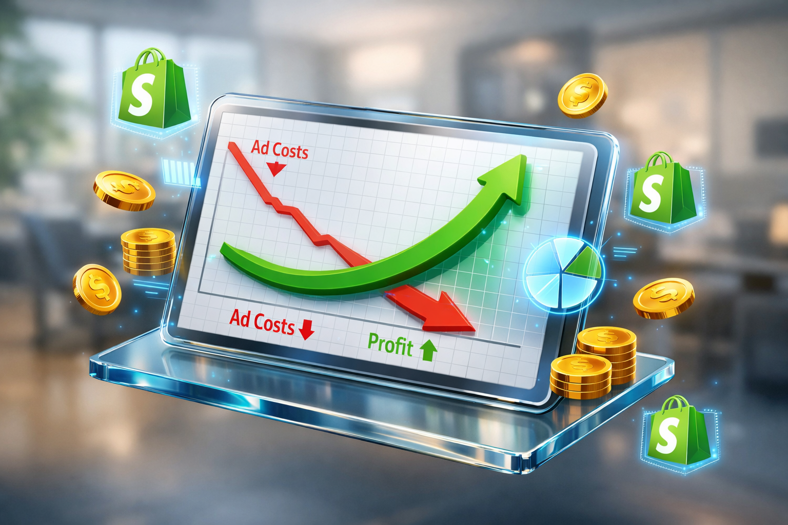 A professional 3D dashboardLower Shopify Ad Costs and Increase Profit Margins for a Shopify store in 2026.