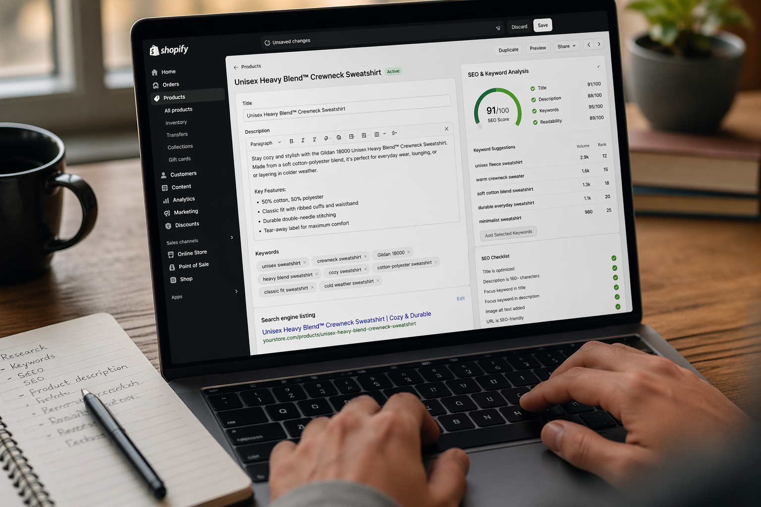Shopify SEO optimization with keywords, product listings, and search engine ranking strategy