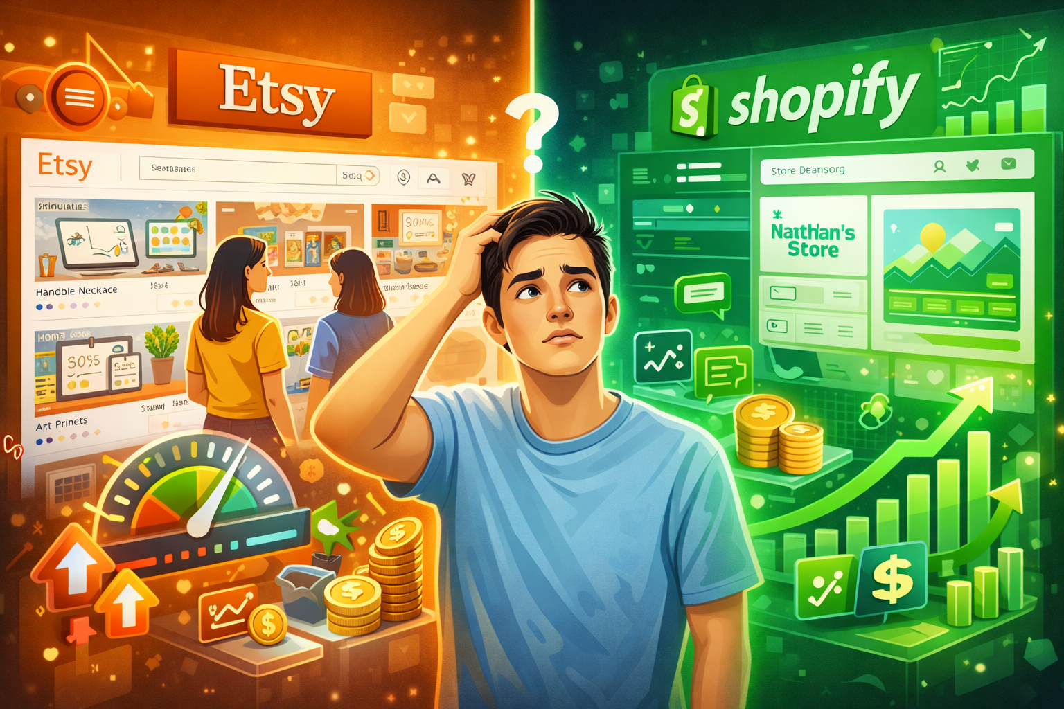 Etsy vs Shopify for beginners comparison showing marketplace vs online store