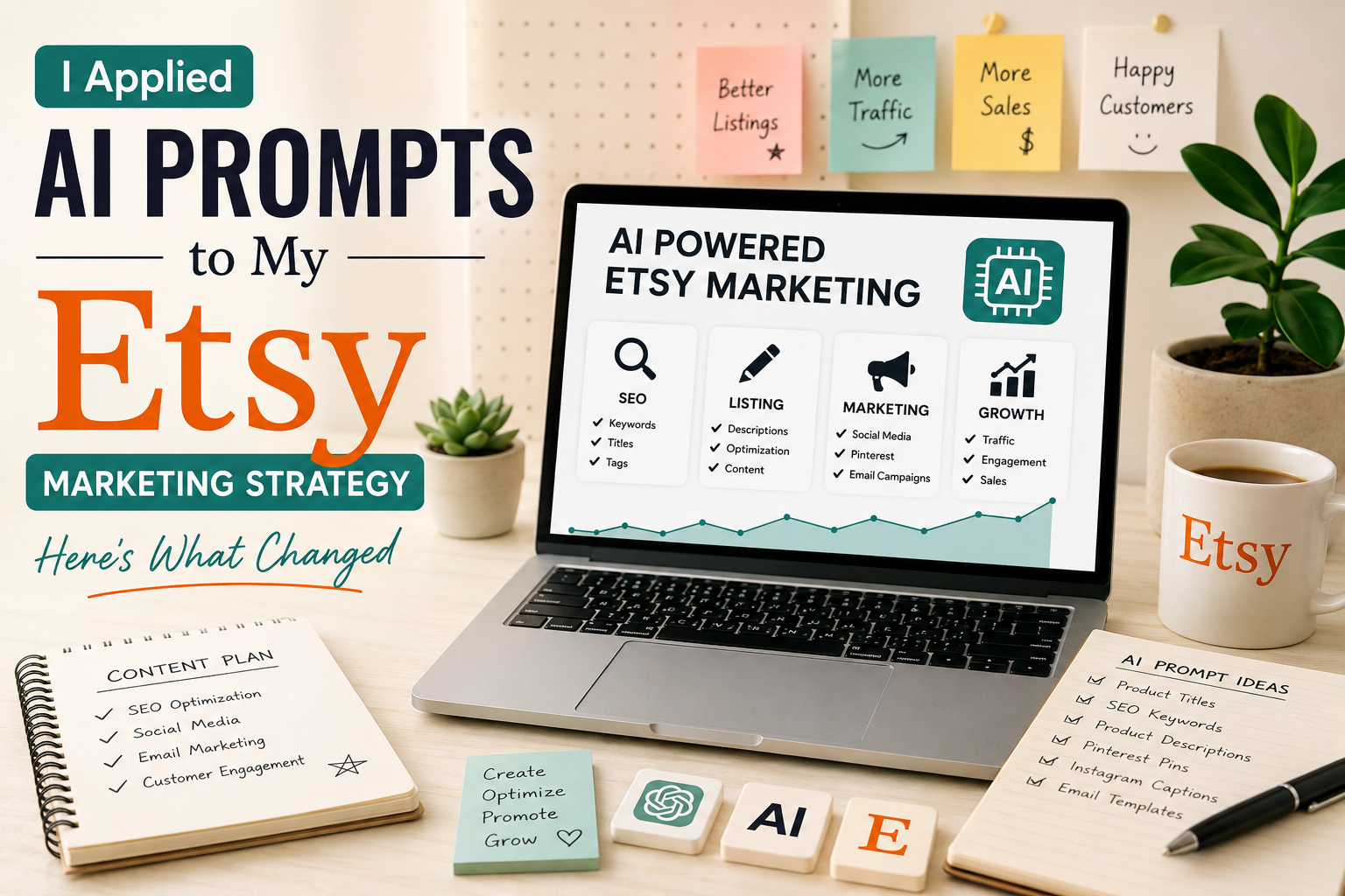 AI prompts for Etsy marketing displayed on a laptop with Etsy SEO analytics, product listings, and social media growth dashboards