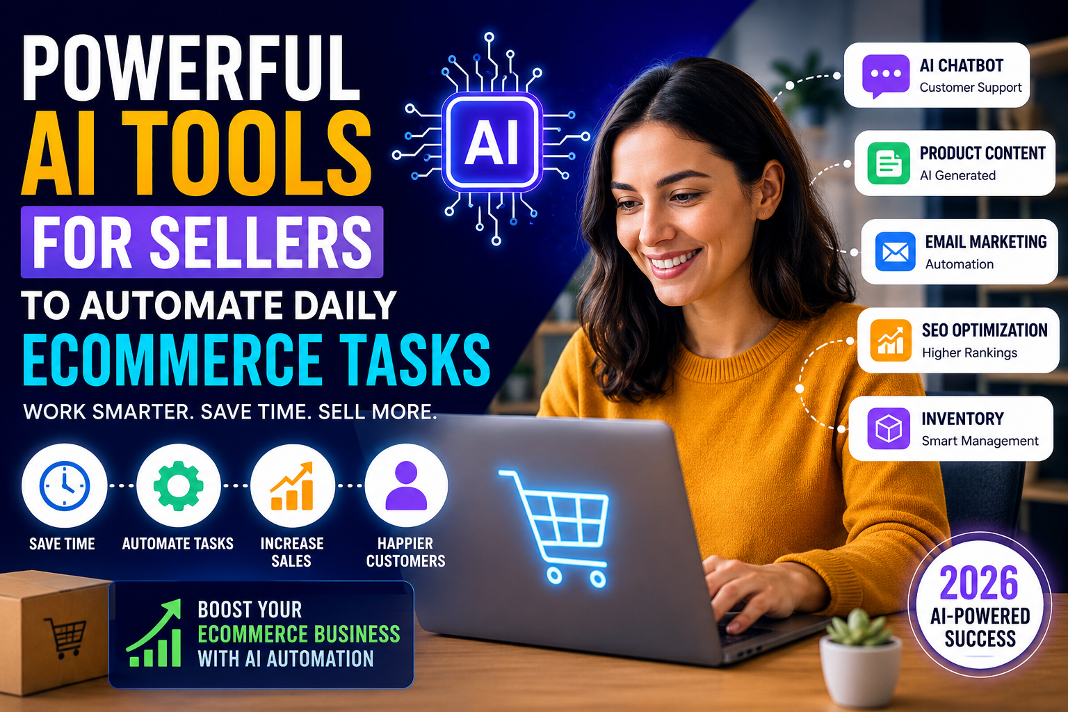 Powerful AI tools for sellers automating ecommerce tasks including SEO optimization, AI chatbots, email marketing, inventory management, and product content creation in 2026.