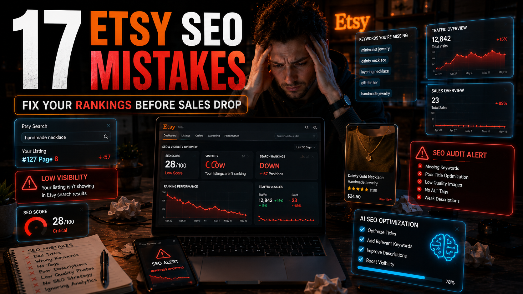 Frustrated Etsy seller analyzing falling product rankings and SEO errors on multiple screens in a futuristic ecommerce workspace.
