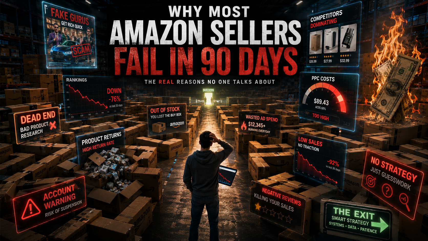 Beginner Amazon seller trapped inside a warehouse maze filled with ecommerce obstacles, failed sales analytics, PPC losses, and warning signs during the first 90 days of selling.
