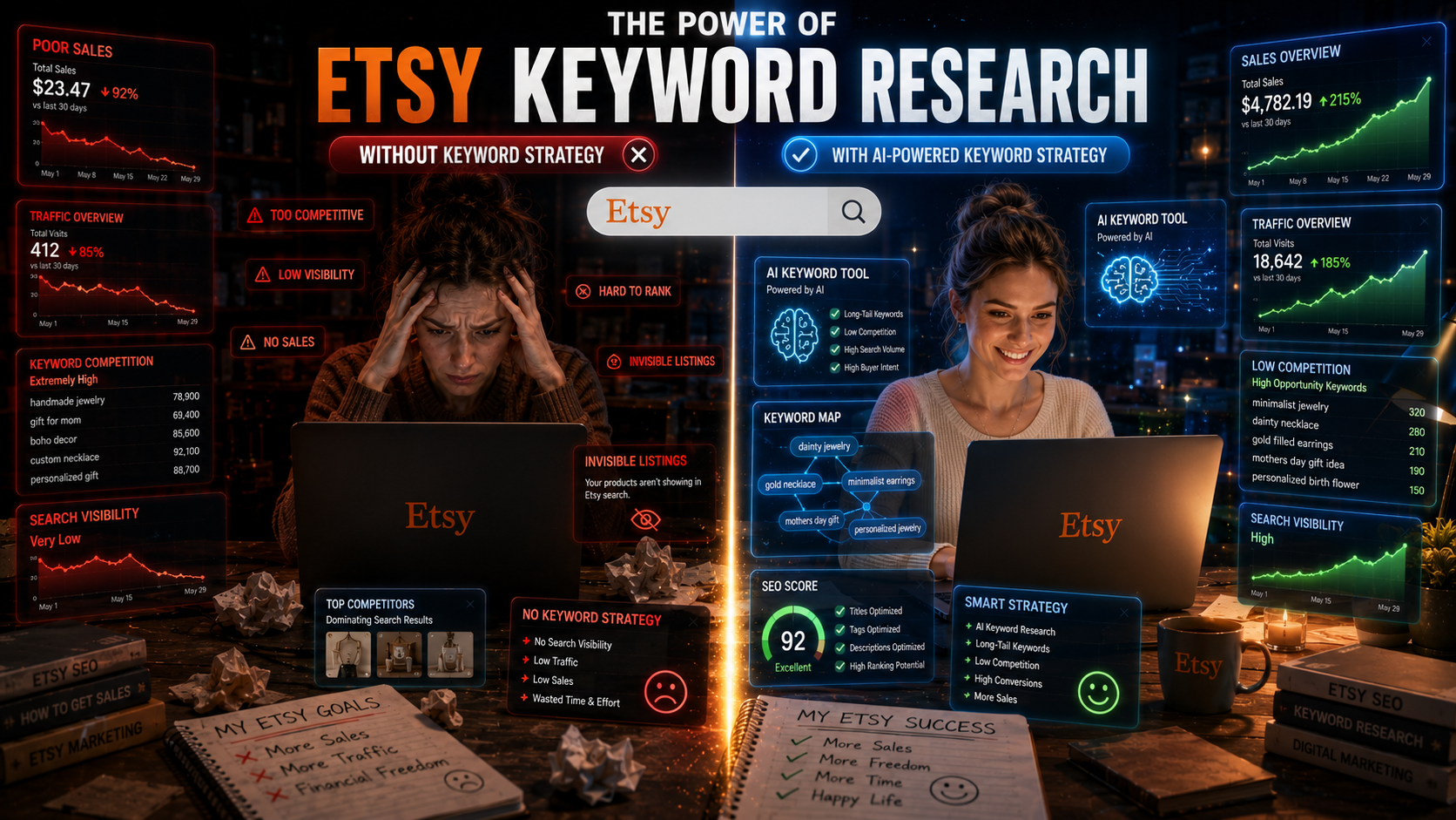 Etsy seller researching low competition keywords using AI-powered SEO tools in a futuristic ecommerce workspace