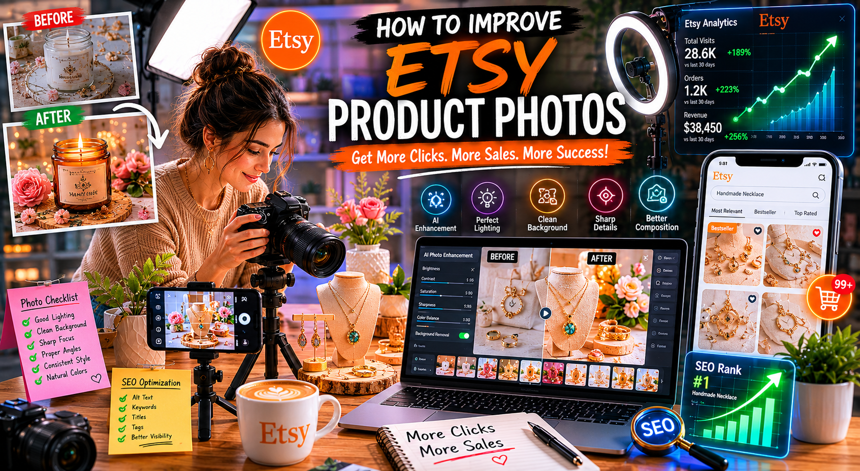 How to improve Etsy product photos using professional lighting, AI editing tools, and SEO-focused photography setup.