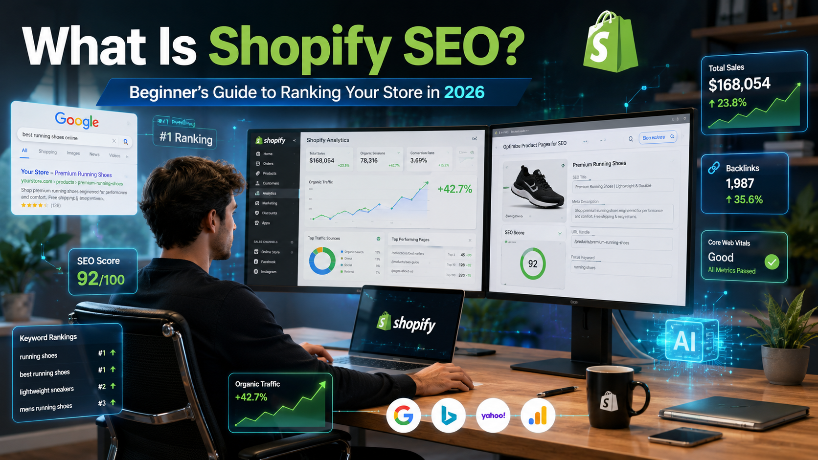 Shopify SEO dashboard showing organic traffic growth