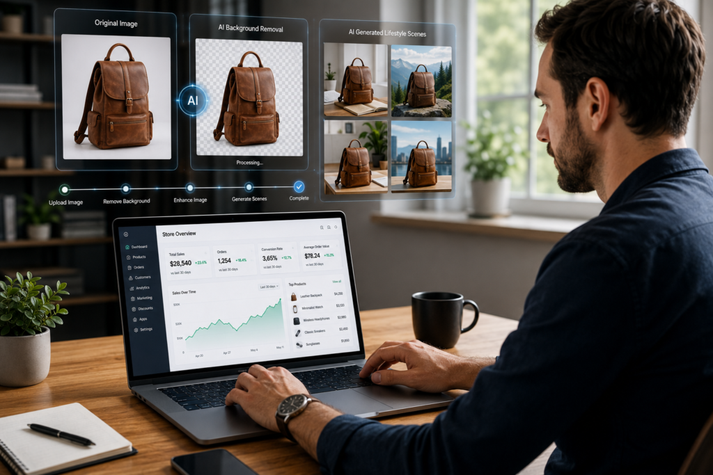 AI ecommerce product photos or image generator for online stores creating professional product photos.