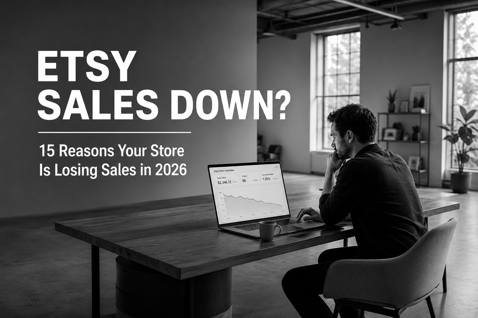 Etsy sales down dashboard showing declining traffic and revenue for an online seller