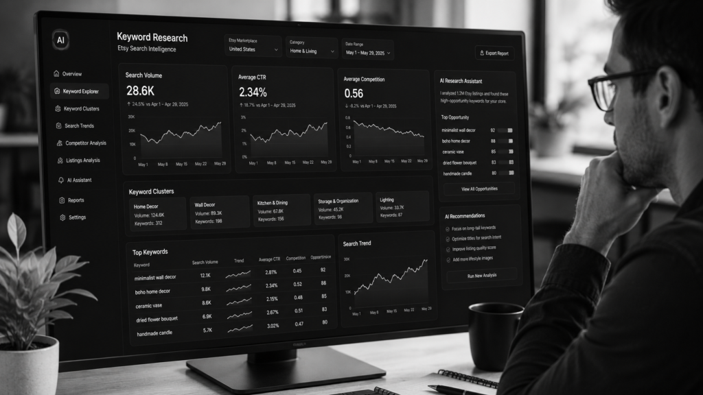 etsy AI prompts for Etsy SEO and keyword research dashboard.