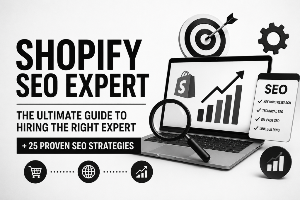 Shopify SEO Expert analyzing ecommerce SEO dashboard with keyword research, technical SEO, and ranking growth strategies for Shopify stores.