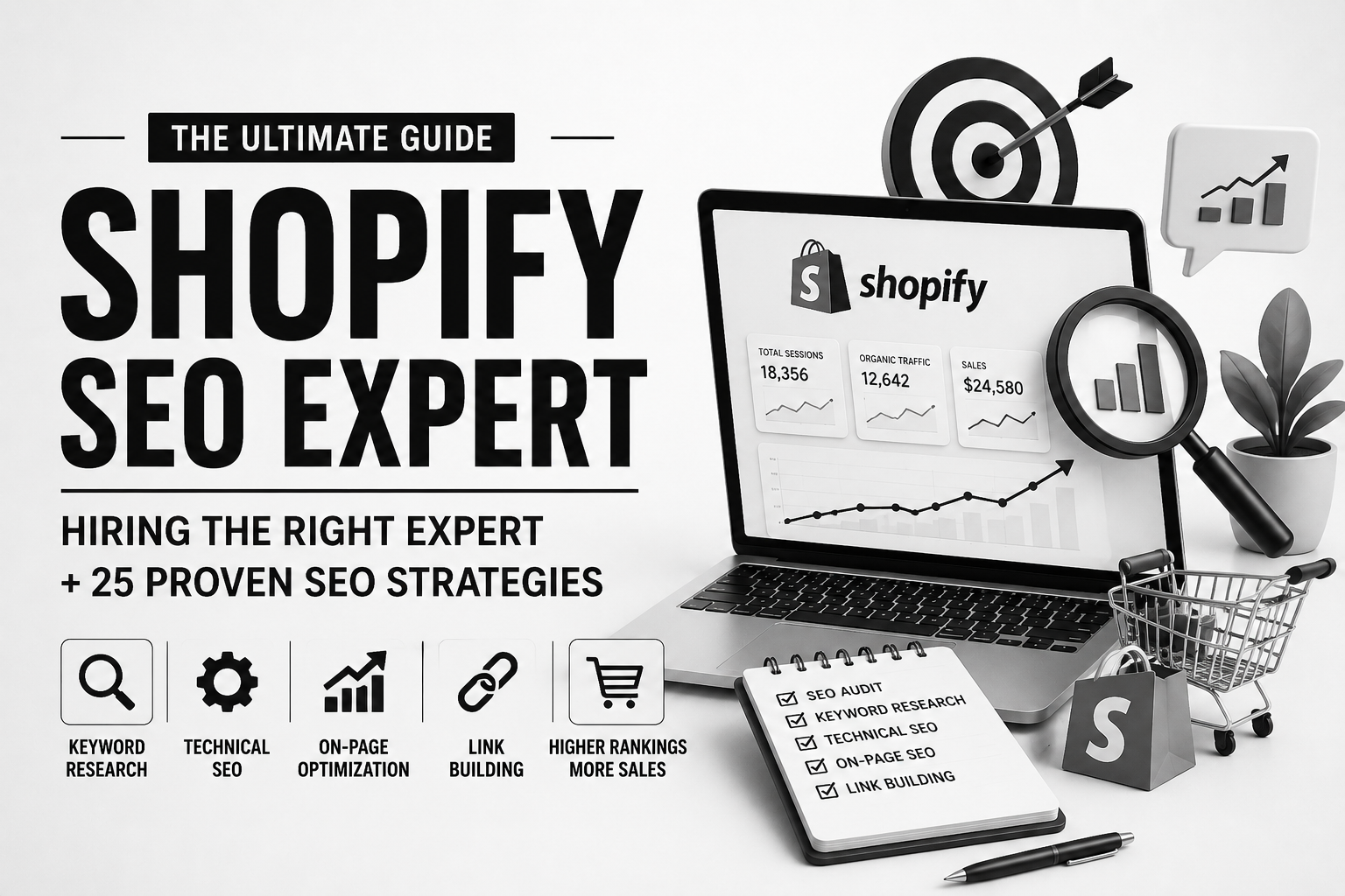 Professional Shopify SEO Expert reviewing SEO analytics dashboard, keyword optimization, technical SEO checklist, and ecommerce performance metrics.