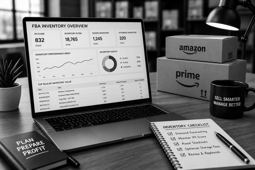 Professional Amazon FBA inventory management dashboard displaying Inventory Performance Index, stock monitoring, and inventory planning tools.
