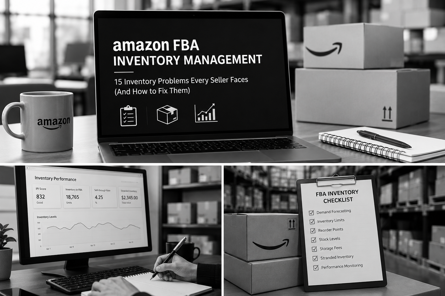 Amazon FBA inventory management dashboard with inventory analytics, warehouse boxes, and inventory checklist in a professional black and white workspace.
