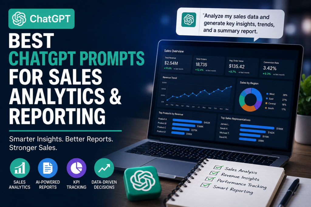 ChatGPT Prompts for Sales Analytics dashboard with AI-powered sales reporting, KPI tracking, revenue forecasting, and business intelligence on a modern laptop.