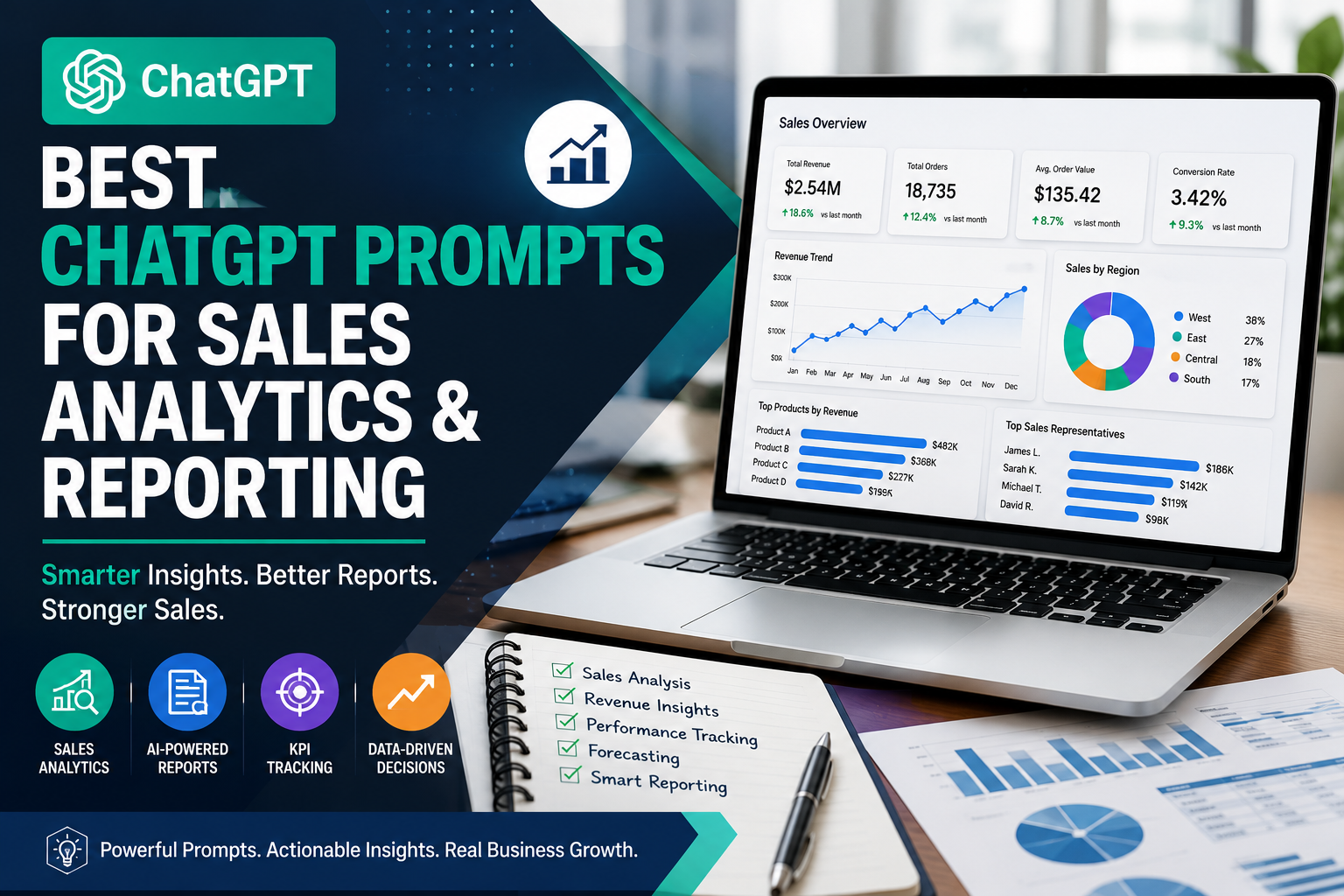 ChatGPT Prompts for Sales Analytics dashboard with AI-powered sales reporting, KPI tracking, revenue forecasting, and business intelligence on a modern laptop.
