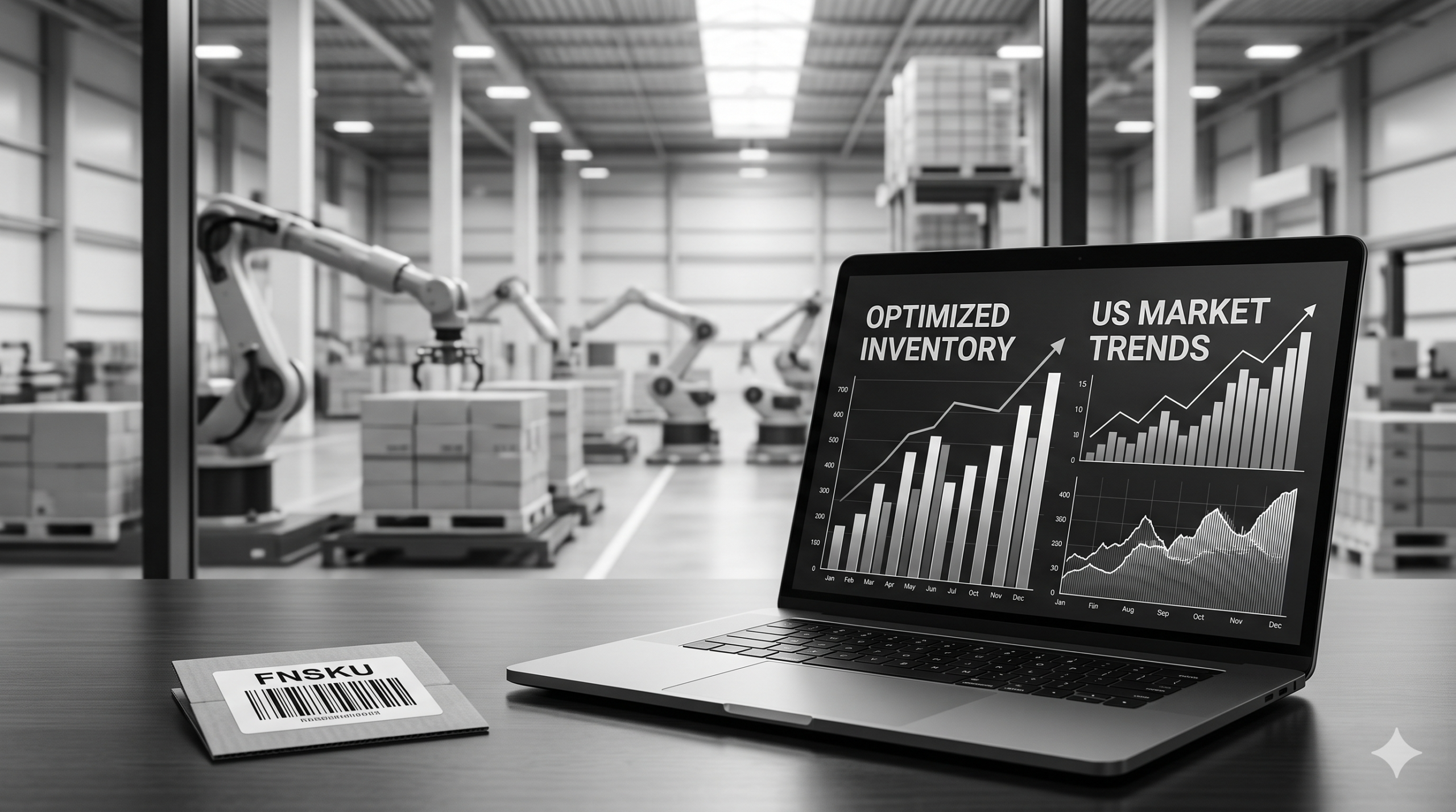 A professional laptop displaying grayscale analytics for Amazon FBA inventory management, with an FNSKU label and an automated warehouse in the background.