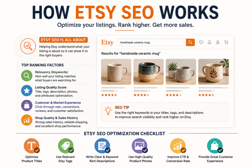 Etsy SEO beginner guide 2026 showing Etsy search optimization, keyword research, product listings, and ranking strategies for Etsy sellers