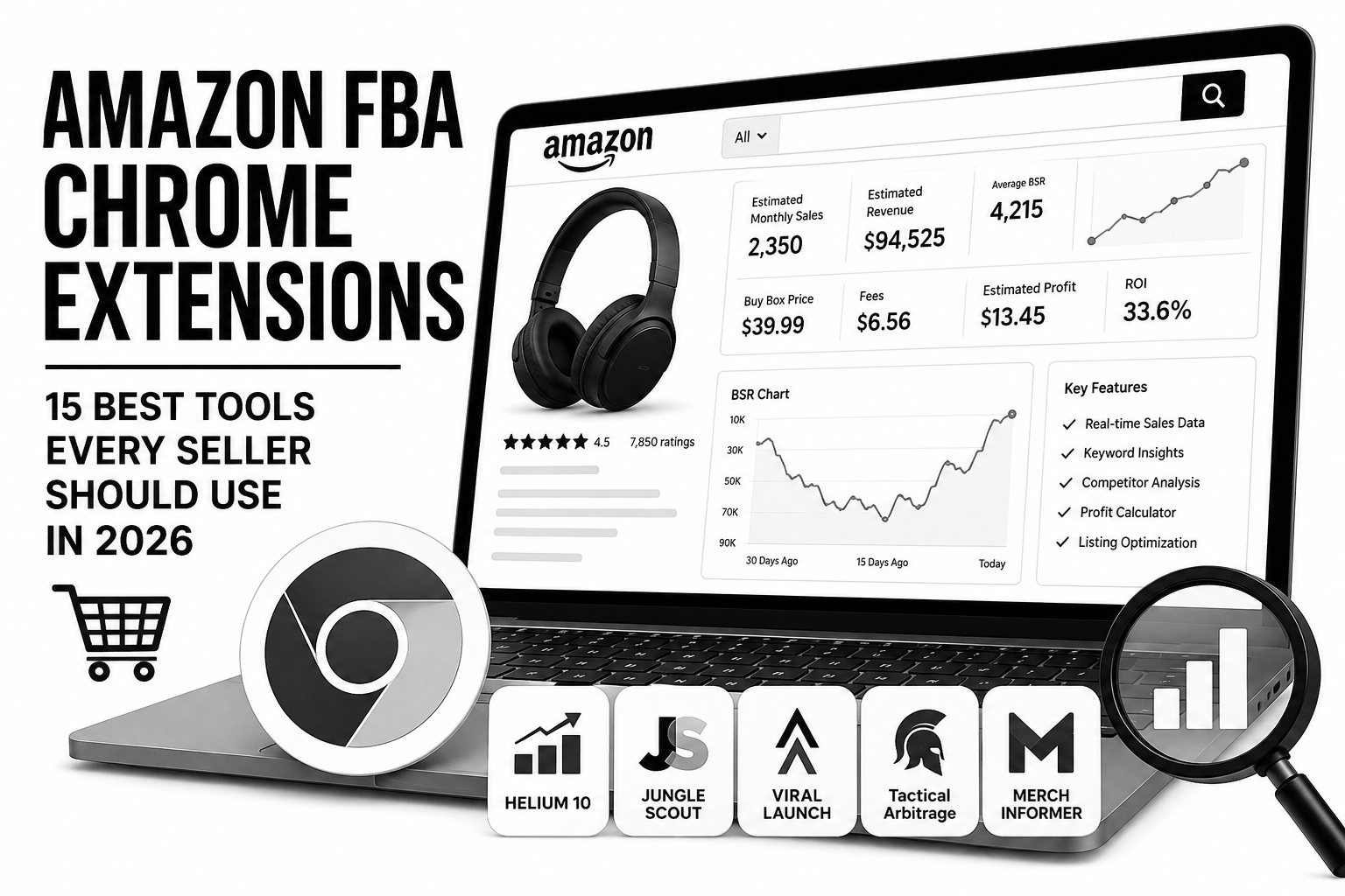 Amazon FBA Chrome Extensions dashboard showing the 15 best browser tools for product research, keyword analysis, competitor tracking, and Amazon seller growth in 2026.