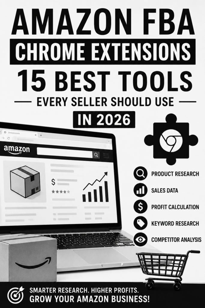 Amazon FBA Chrome Extensions dashboard showing the 15 best browser tools for product research, keyword analysis, competitor tracking, and Amazon seller growth in 2026.
