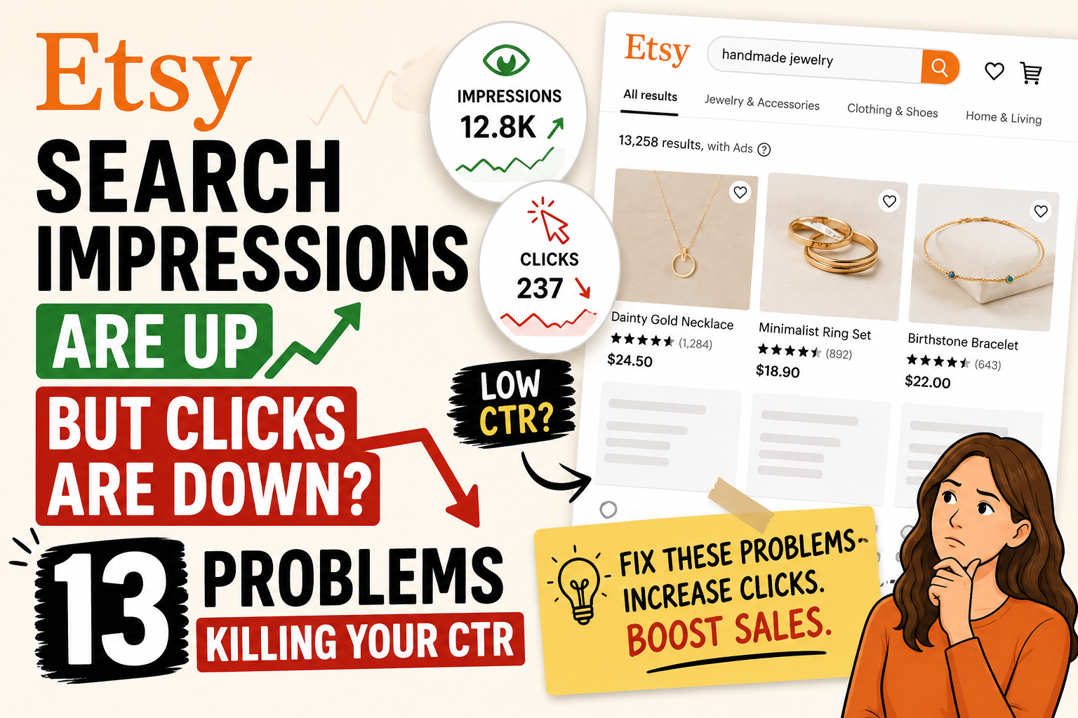 Etsy search impressions are up but clicks are down, showing 13 problems killing Etsy click-through rate and listing clicks.