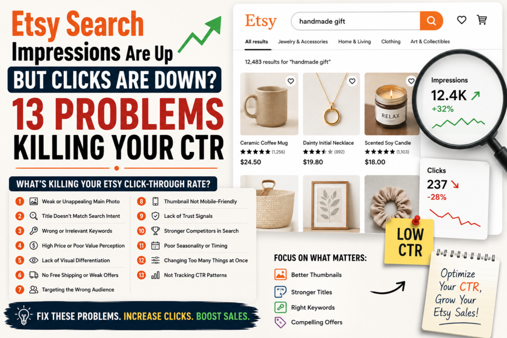 Etsy search impressions are up but clicks are down, showing 13 problems killing Etsy click-through rate and listing clicks.