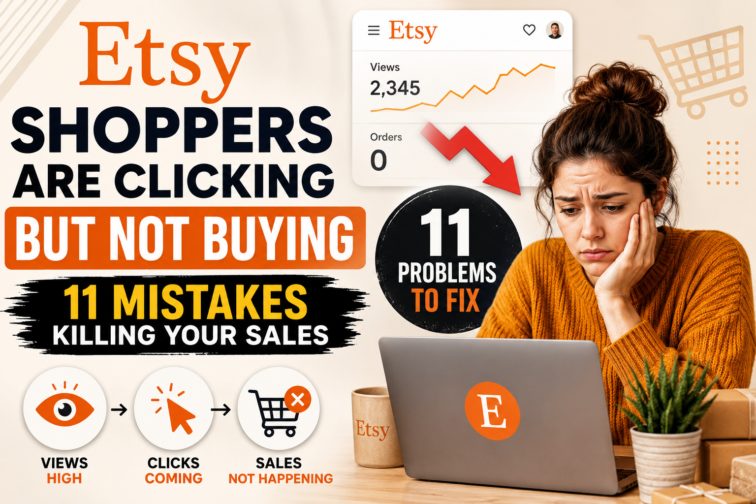 Etsy Shoppers Are Clicking but Not Buying ebook cover showing 11 mistakes that kill Etsy sales and how to turn more views into real purchases.