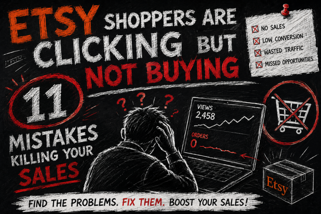 Etsy Shoppers Are Clicking but Not Buying ebook cover showing 11 mistakes that kill Etsy sales and how to turn more views into real purchases.