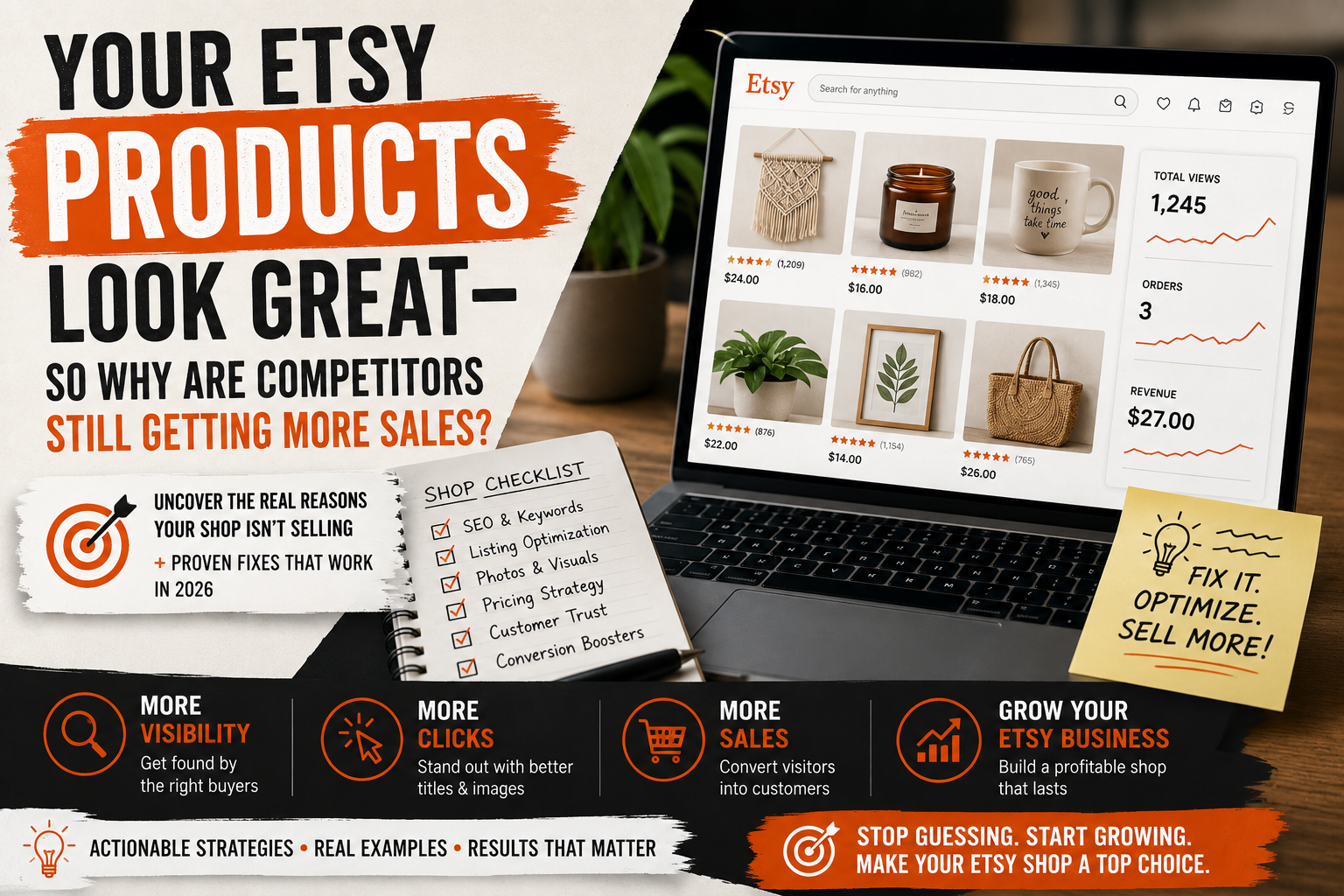 Laptop displaying an Etsy shop dashboard with product listings, illustrating why my Etsy products are not selling and how to improve Etsy sales.