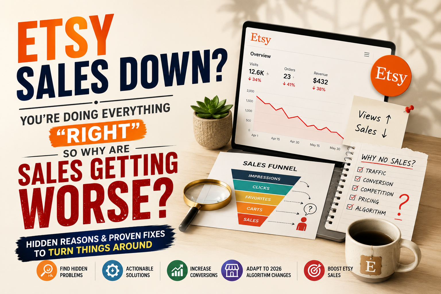 Frustrated Etsy seller analyzing declining shop analytics and learning why Etsy sales are down with proven strategies to increase conversions.