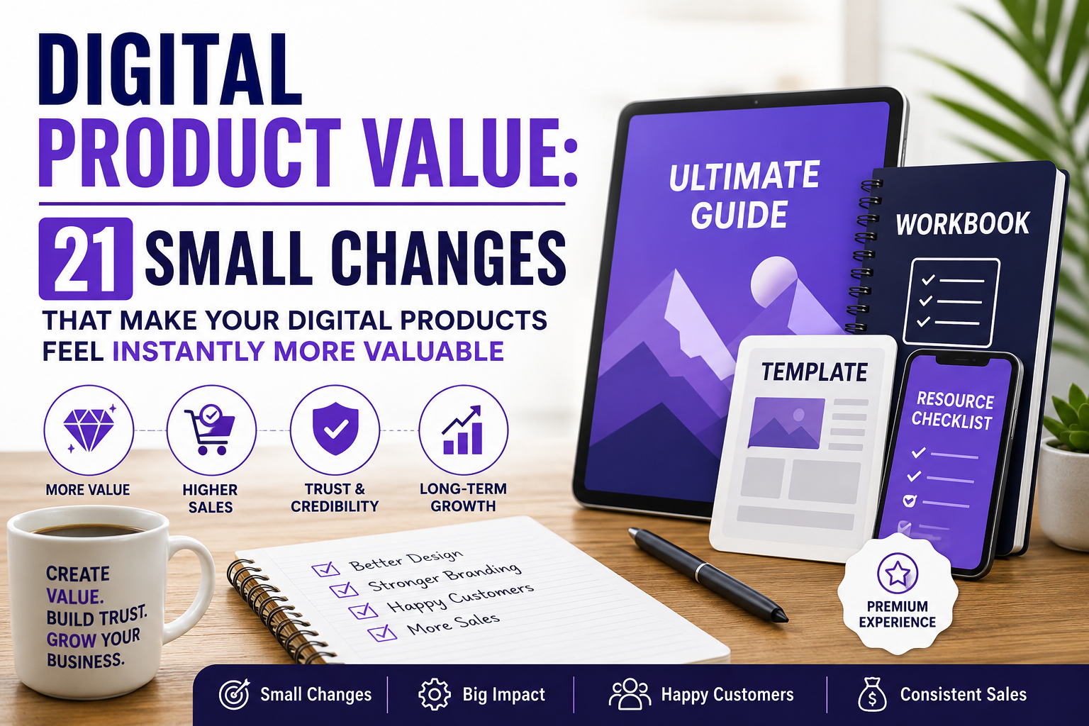 Digital product value illustration showing premium digital product mockups, branding improvements, and design upgrades that help creators increase sales and customer trust.