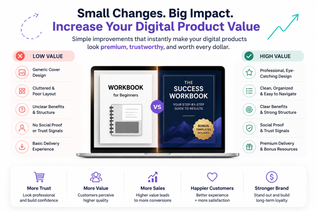 Digital product value illustration showing premium digital product mockups, branding improvements, and design upgrades that help creators increase sales and customer trust.