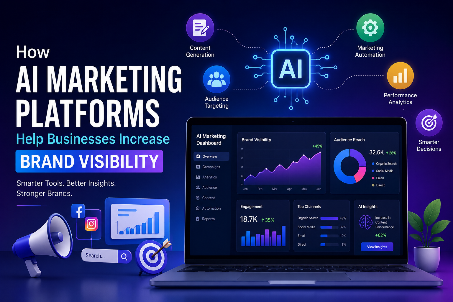 AI marketing platforms helping businesses increase brand visibility through automation, analytics, and content optimization