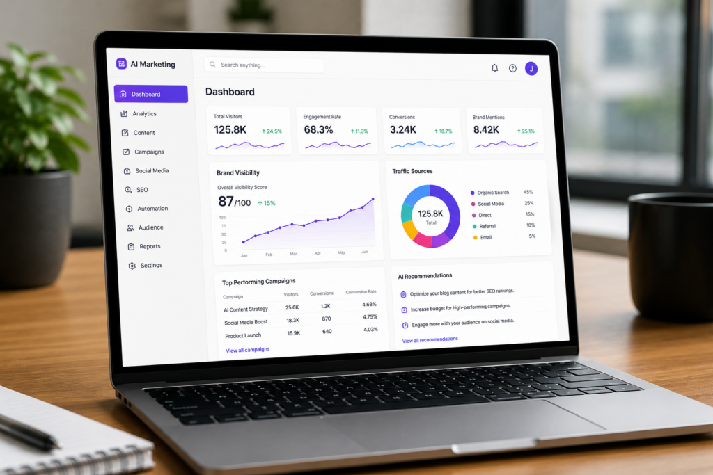 AI marketing platforms infographic showing SEO, content marketing, audience targeting, automation, and analytics features