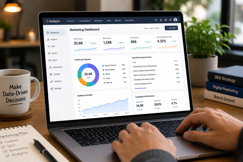 Realistic AI marketing dashboard displayed on a laptop with campaign analytics, traffic insights, and brand visibility metrics