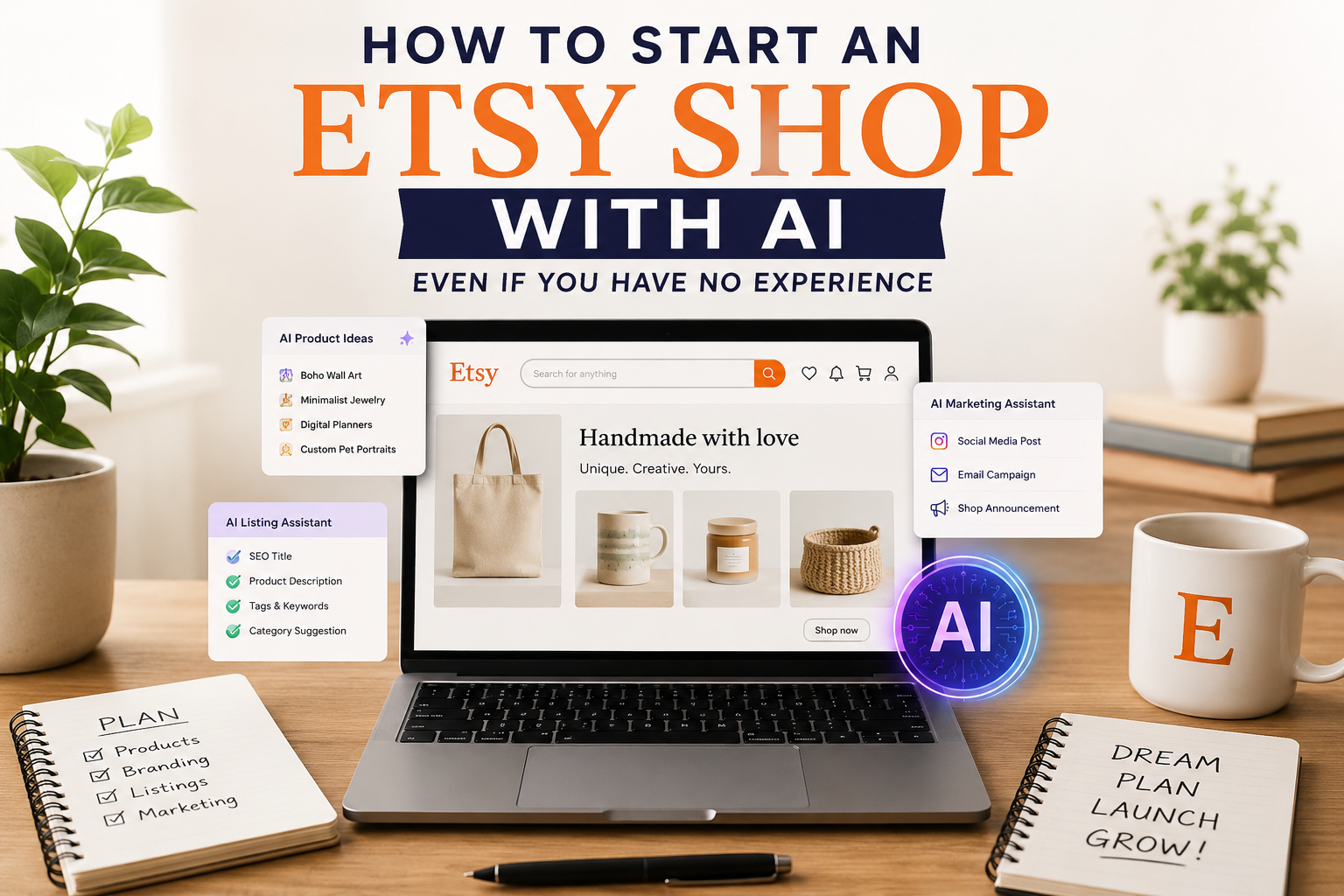 How to start an Etsy shop with AI using a beginner-friendly dashboard showing AI tools for Etsy product research, listing optimization, and store setup