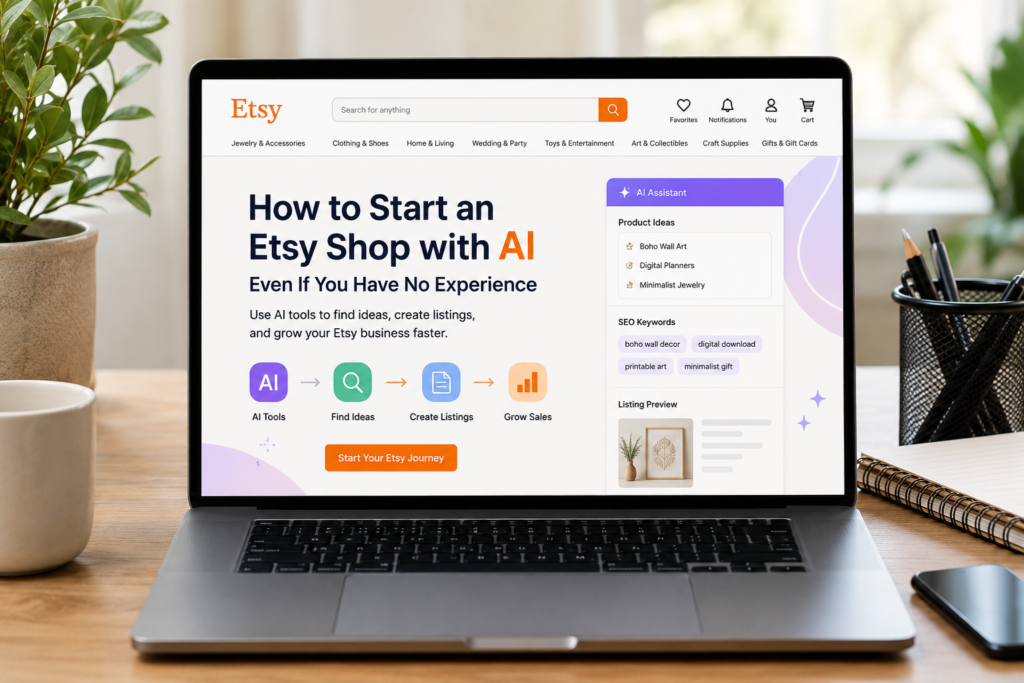 How to start an Etsy shop with AI using a beginner-friendly dashboard showing AI tools for Etsy product research, listing optimization, and store setup