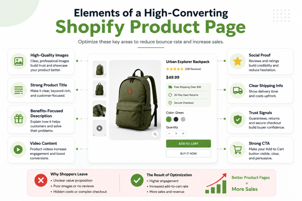 Shopify product page optimization infographic showing why visitors leave without buying, including weak product photos, unclear value, missing trust signals, and missing product information.