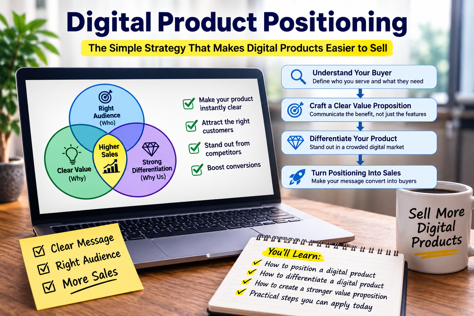 Digital product positioning strategy showing how the right audience, clear value proposition, and product differentiation can increase sales