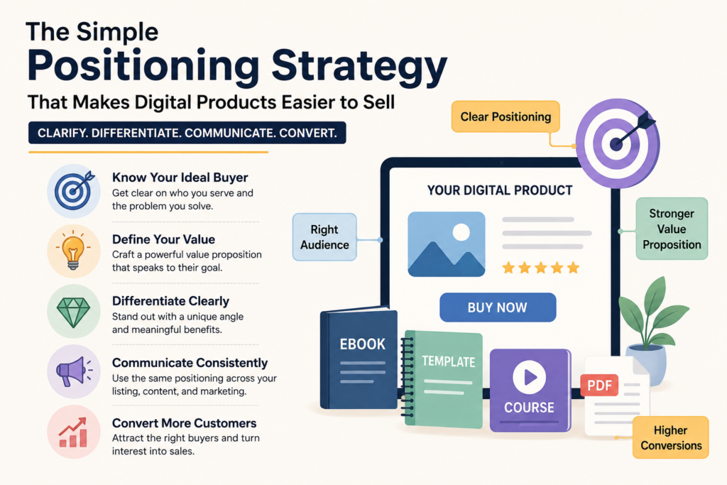 Digital product positioning strategy showing how the right audience, clear value proposition, and product differentiation can increase sales