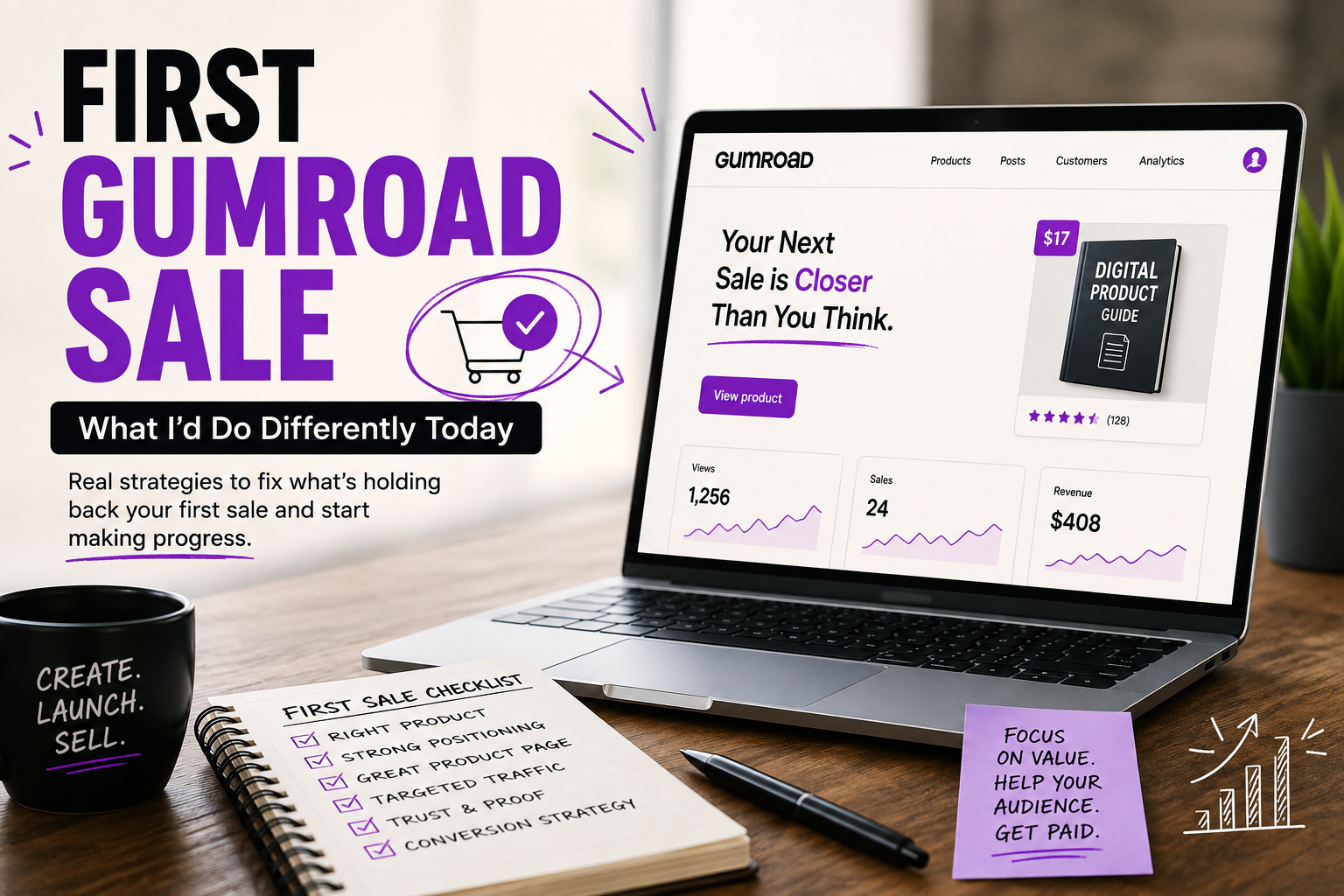 First Gumroad sale strategy showing a digital product dashboard, sales checklist, and practical tips for improving Gumroad product positioning, traffic, and conversions.