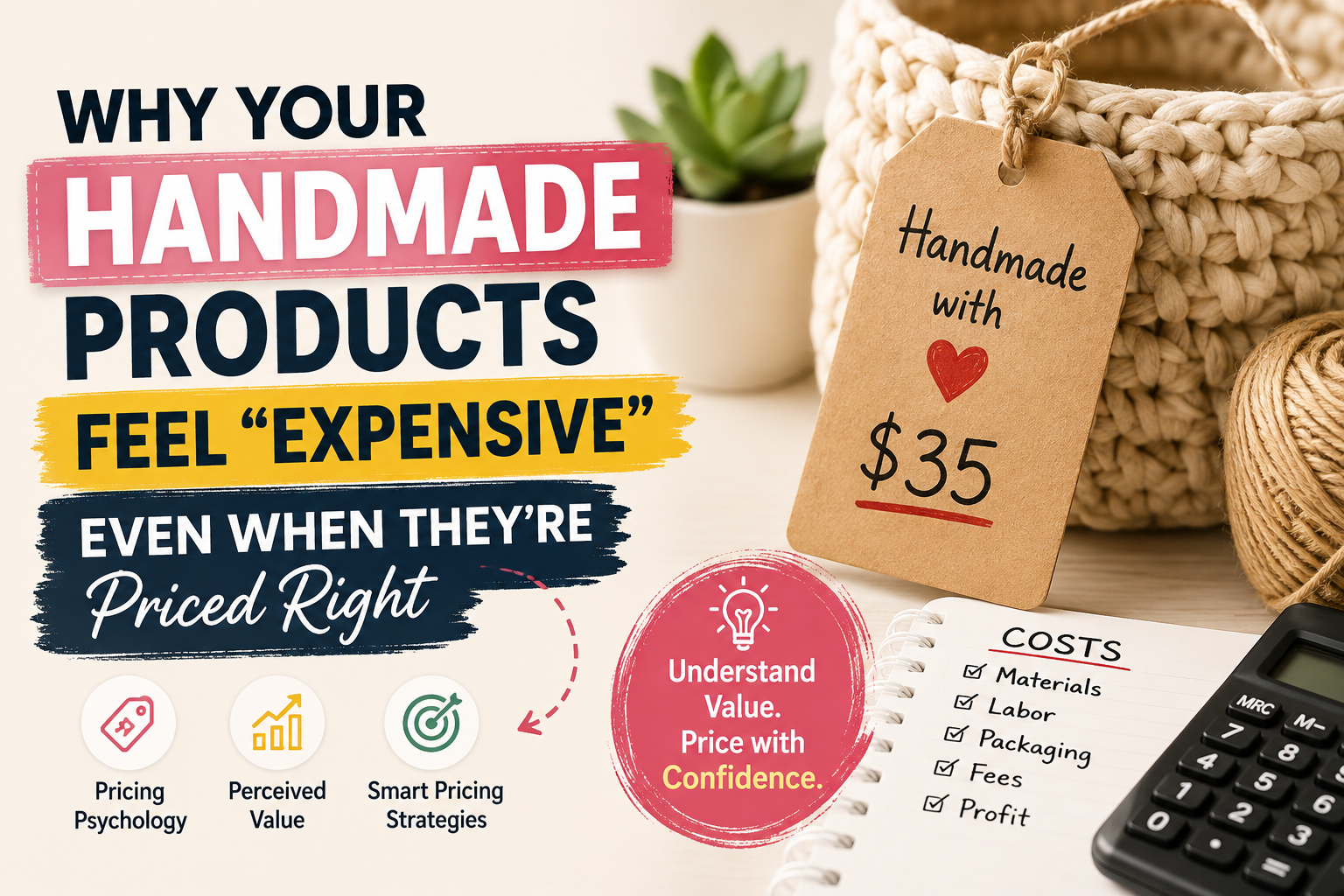 Handmade product pricing guide showing how to price handmade products based on costs, profit margin, and perceived value