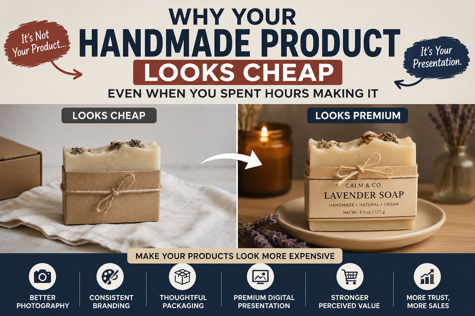 Handmade product presentation showing how better photography, branding, and packaging can make a product look more premium