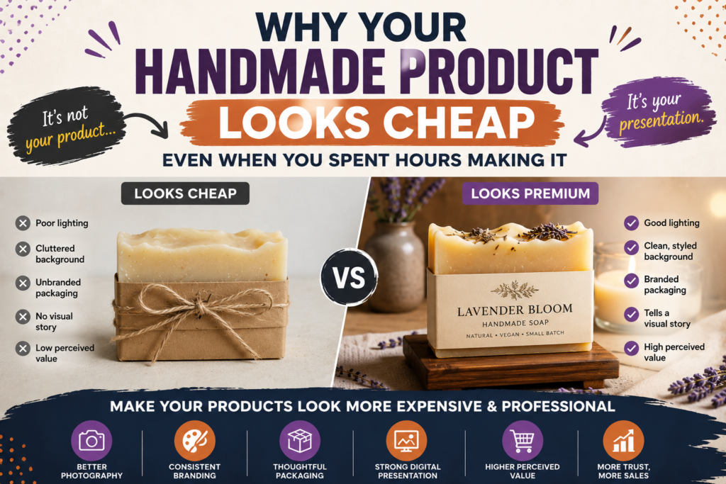 Handmade product presentation showing how better photography, branding, and packaging can make a product look more premium