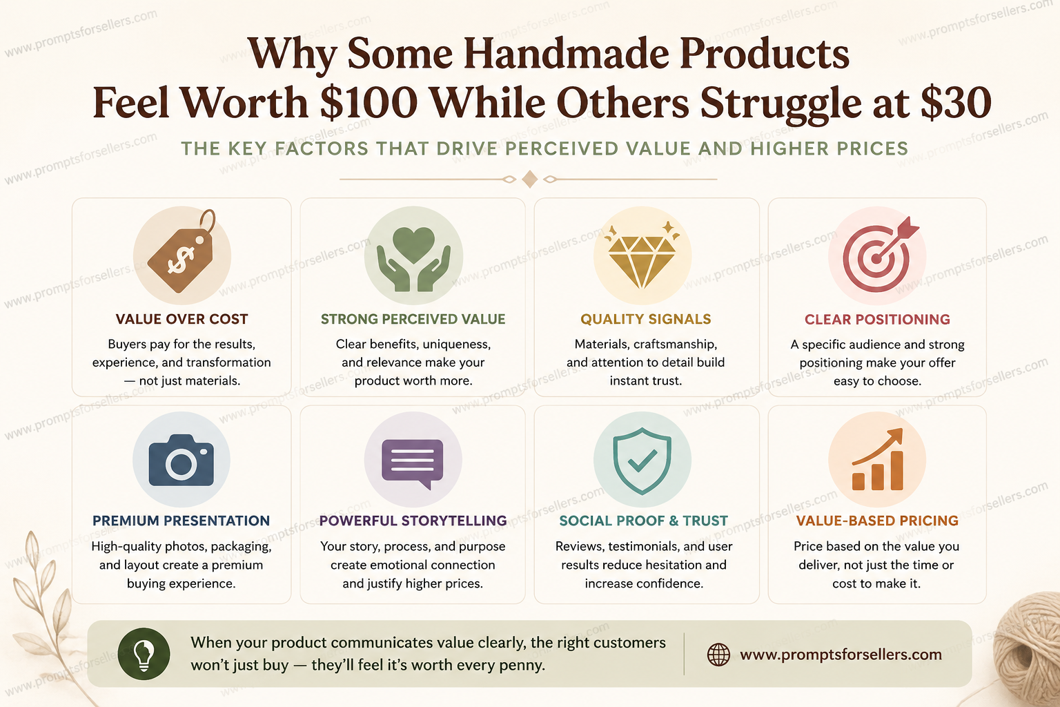 Why some handmade products feel worth $100 while others struggle at $30, showing perceived value, quality, positioning, presentation, storytelling, and value-based pricing.