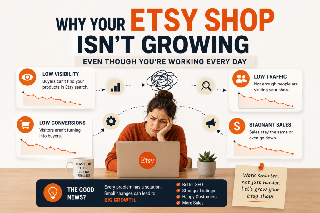 Frustrated Etsy seller wondering why their Etsy shop is not growing despite working every day, with declining traffic, sales, and revenue dashboard displayed on screen.