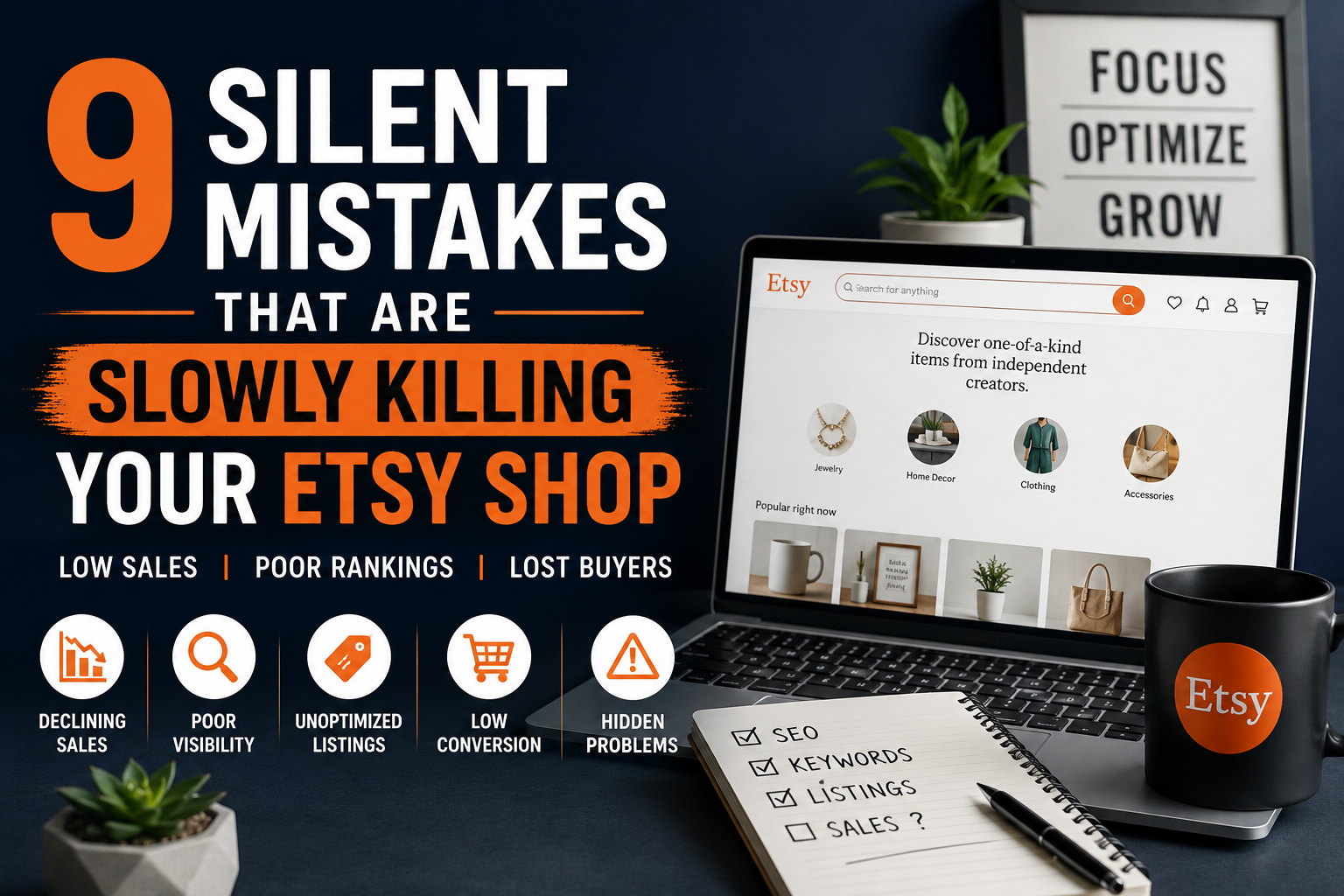 9 silent Etsy shop mistakes that reduce traffic, lower search rankings, and hurt sales with practical fixes for Etsy sellers