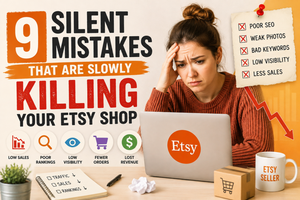 9 silent Etsy shop mistakes that reduce traffic, lower search rankings, and hurt sales with practical fixes for Etsy sellers