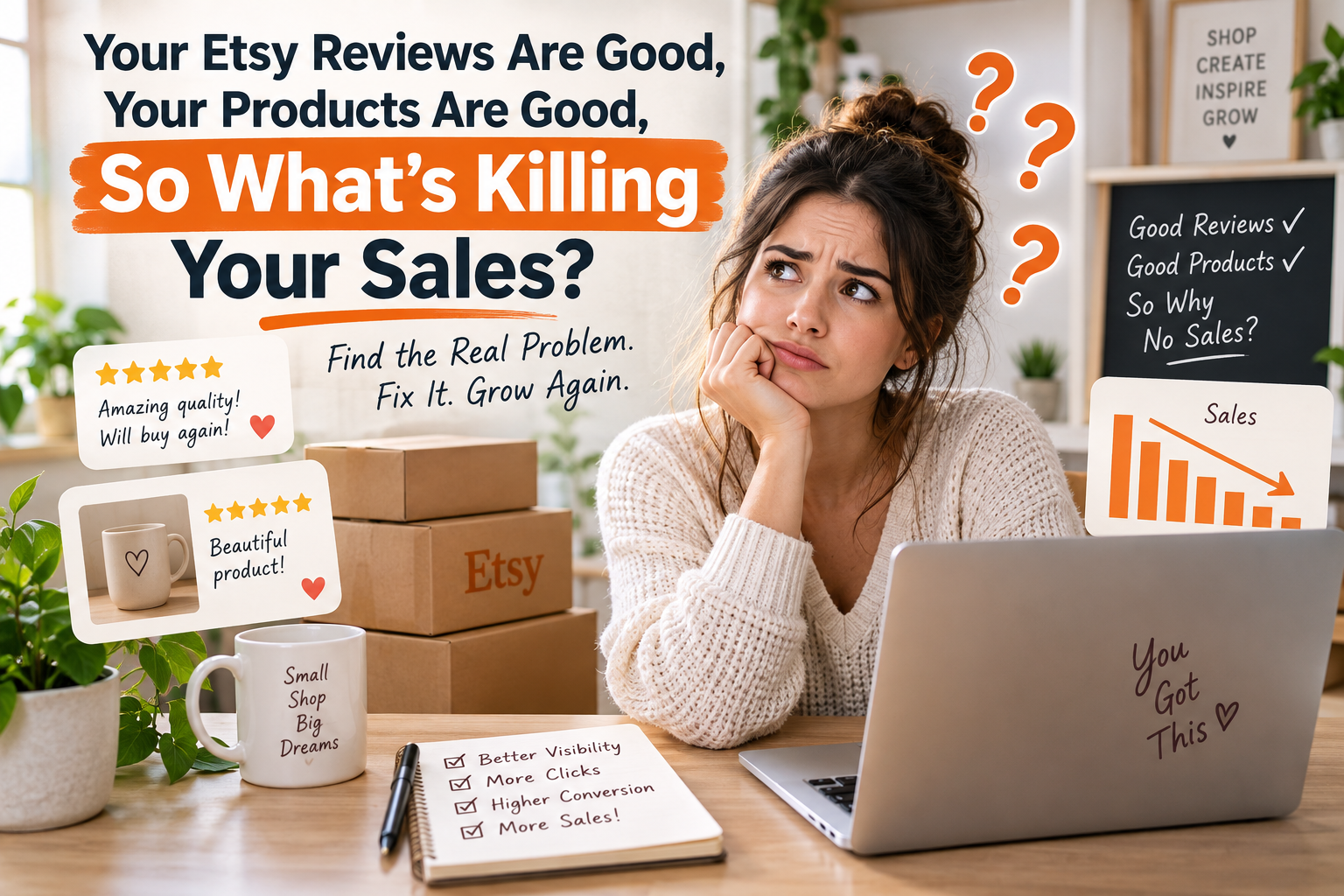 Etsy seller analyzing declining sales despite good reviews and products