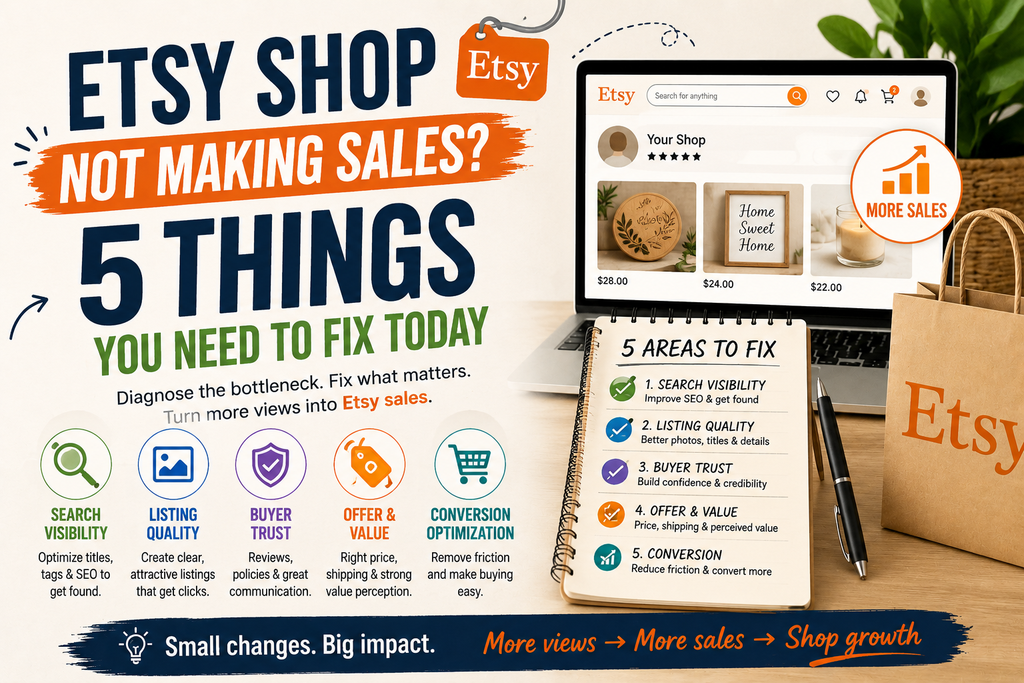 Etsy shop not making sales with five fixes for SEO, listings, buyer trust, value, and conversions